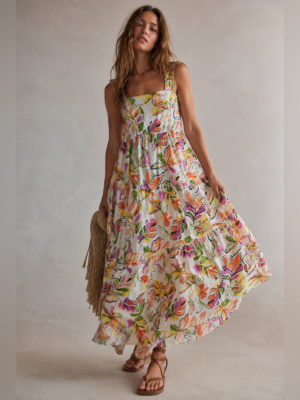 easel Floral Backless Maxi Dress in White with Pink, Orange & Green